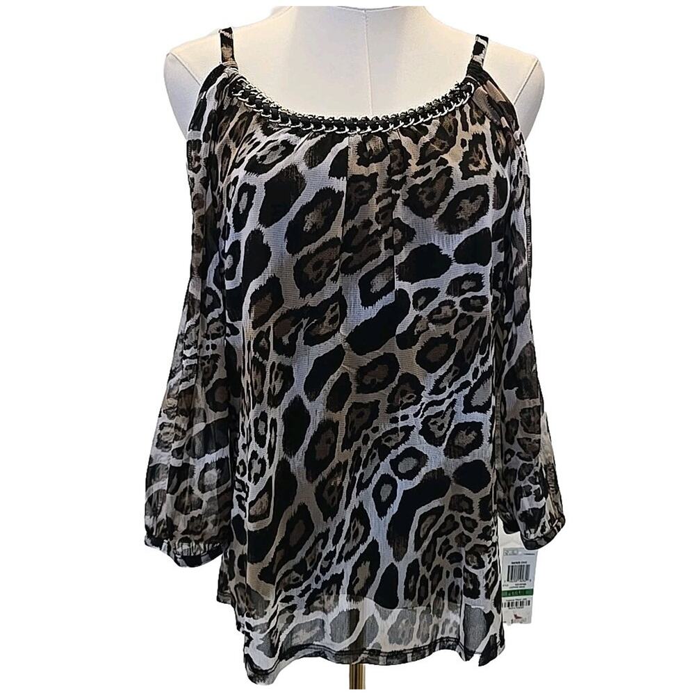 INC Mob Wife Leopard Top L Petite Sheer Cold Shoulder Gold Chain Animal Print